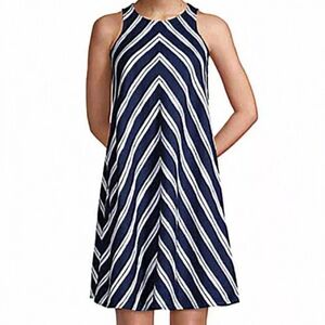 Lands End Linen Sleeveless‎ Swing Dress Blue/White  A-line Striped Sz L / 14-16